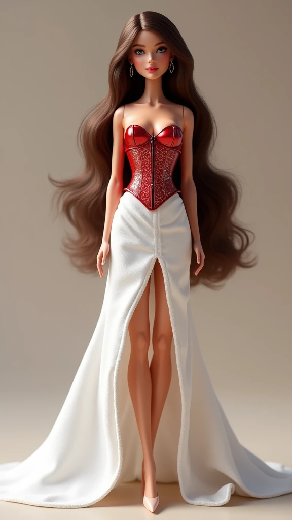 A Barbie with a corcet and a white skirt with long brown hair