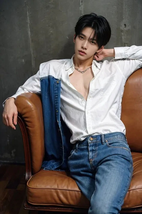 a sexy young man, gay korean manhwa style, broad muscle, sitting on a luxurious chair holding money, gay korean manhwa style, hi...