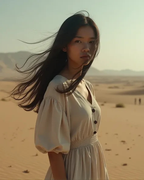 a young indonesian girl age 28, wearing a full-buttoned classic dress, standing in the middle of dry desert, long hair, wind blows her hair, her sad face covered by cloud, (best quality,4k,8k,highres,masterpiece:1.2),ultra-detailed,(realistic,photorealisti...