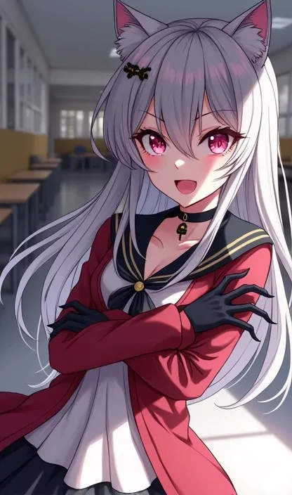 A woman with cat ears,  school uniform with a ,  neckline at school with a provocative look and with a malicious expression, school environment,with long silver hair, black nails anime 