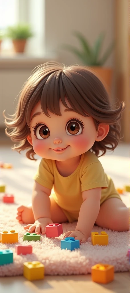  I need you to create a one-year-old girl with wavy brown hair, Chubby cheeks, and eyes of the same color .  Sitting on a play mat ,  playing with little pieces of assembly ordered by equal colors .