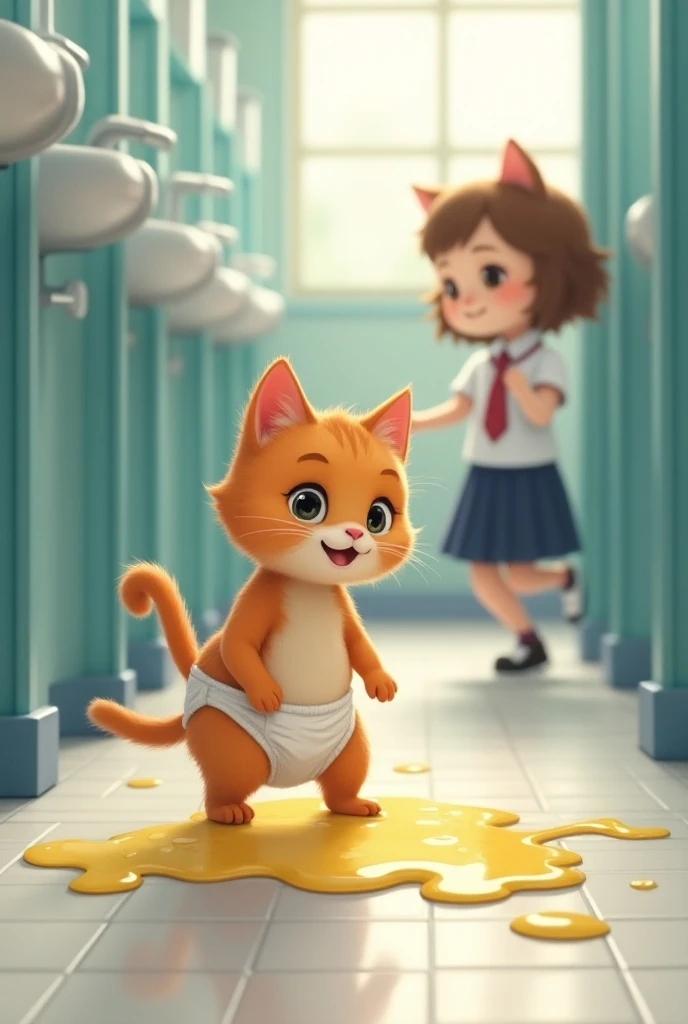 A baby cat wearing  leaks diaper  goes to school in uniform while diaper urine leaks on the bathroom floor the girl cat with uniform coming to help him