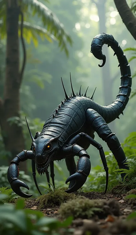 "Create a fantastical creature that combines features of a Scorpio and a dinosaur. The creature should have the elongated body and muscular limbs of a dinosaur, with a scorpions segmented tail curving elegantly behind it, tipped with a venomous stinger. It...