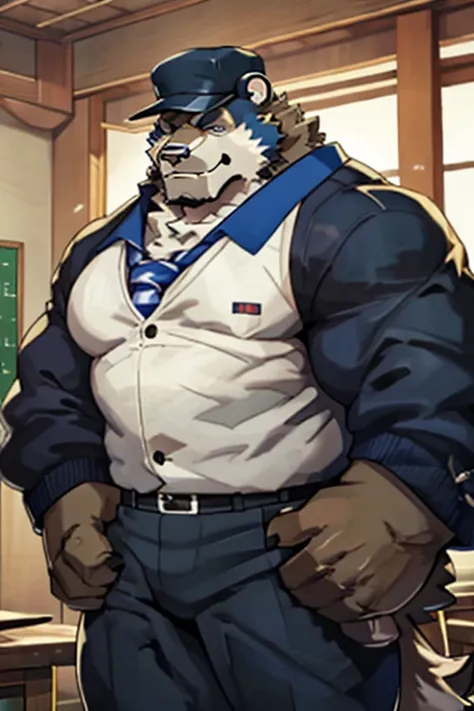 masterpiece、dog、Beastman、Muscular、Japanese school uniform、strong、hat、Student hat、suit、Big body、Hold a stuffed bear