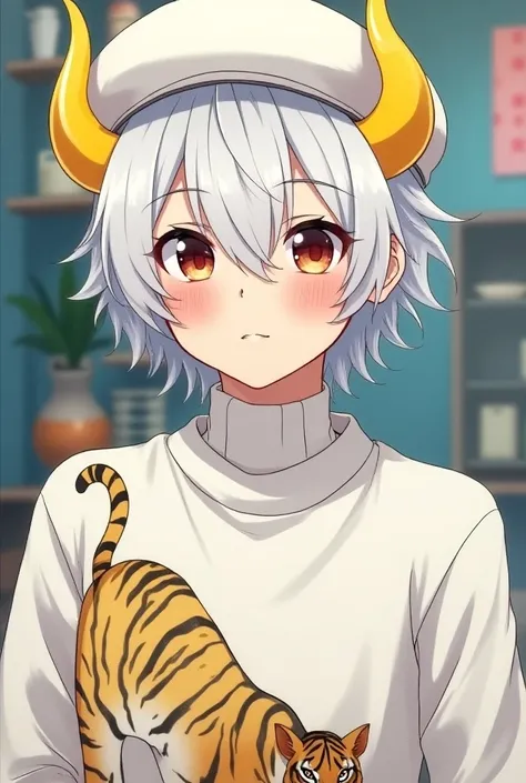 Anime character Jibi, a man wearing a white beret with white hair, wearing a white turtleneck tiger, with a yellow bull horn.