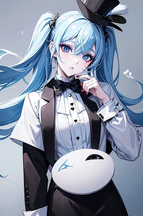 ((masterpiece)), (( best quality)), (( best quality)), (Illustration of one girl),  long light blue hair 、 twin tails、(((Tall)), ( white skin), black eyes, blue eyeliner, ((Makeup with a heart symbol on the left eye)), ((tuxedo)), (Top Hat)), [Clown, (Circ...