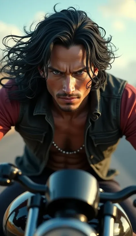 a handsome portgas d ace riding a motorcycle, detailed portrait of ace, rugged and handsome face, strong jawline, intense gaze, gorgeous hair, dynamic pose, riding a sleek black motorcycle, speeding down an empty road, dramatic lighting, cinematic composit...