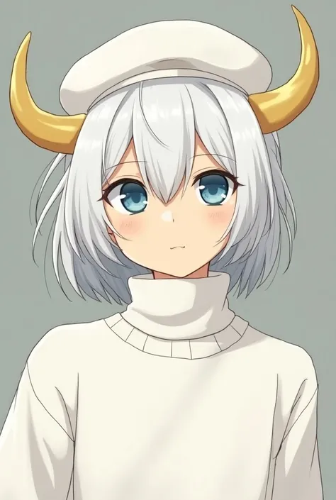 Anime character Jibi, a man wearing a white beret with white hair, wearing a white turtleneck, with a yellow bull horn.