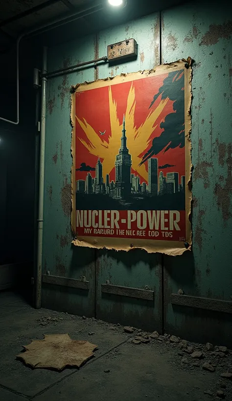 "A dramatic scene of an old Cold War propaganda poster of nuclear power, fading away as modern Russia is shown in a contrasting, dimly lit bunker, hinting at the unseen threat still lingering."