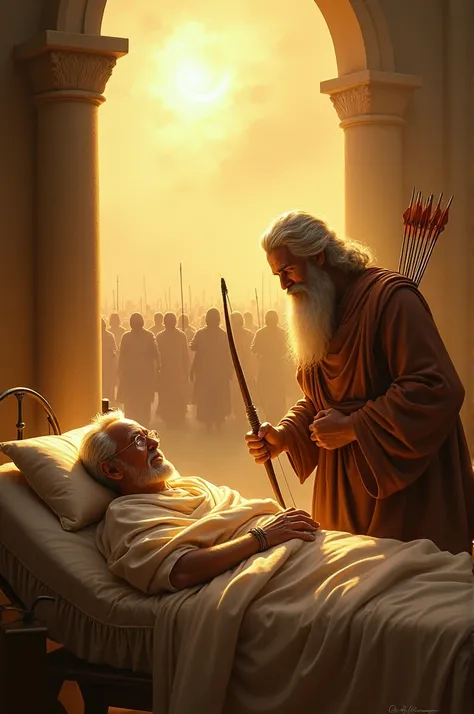  Create a scene inspired by 2 Kings 13 :14-21.  the Show Elisha Seus on his deathbed ,  surrounded by a sacred atmosphere .  The Prophet King Jehoash is standing next to Elisha , holding a bow and arrows,  symbolizing battle and victory . In the background...