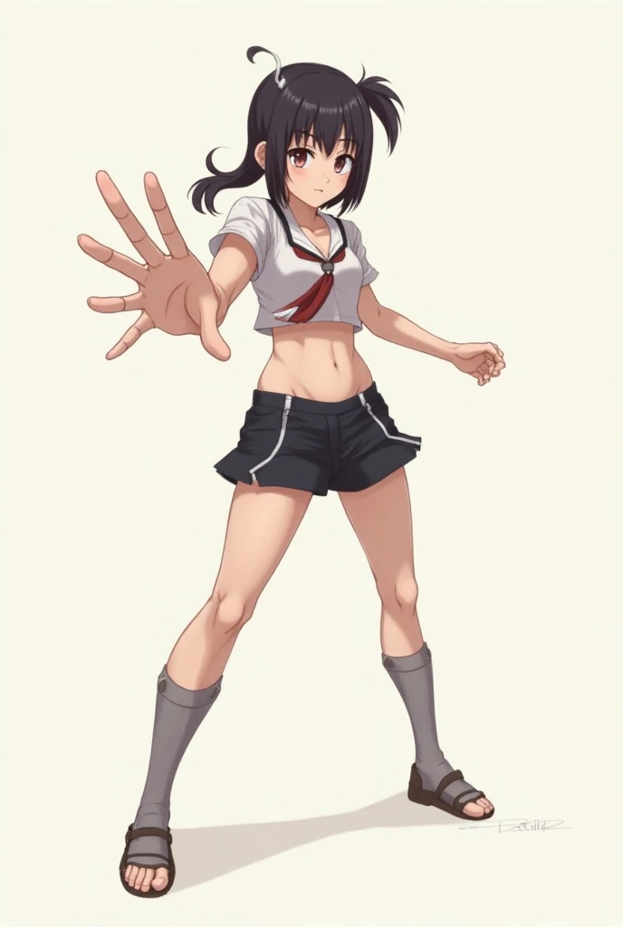 Anime girl, fighting stance, left hand streched completely reaching towards viewer slightly to the right side, right hand ready to throw a punch, standing, feet on ground, character slight lean to left, half body view, view till torso, viewer angle from fr...