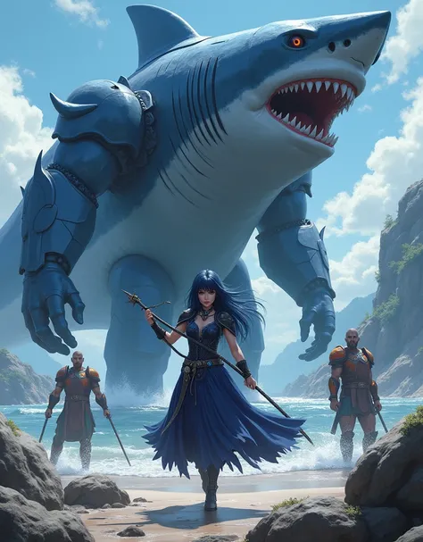  A Beautiful Sexy Warrior Woman With Dark Blue Hair And Blue Eyes And Wearing A Dark Blue Warrior Dress With A Realistic Trident, With The Background Of A Giant Sexy Warrior Shark In Dark Blue Armor On A Beautiful Island With Stones And Waters And With Sev...