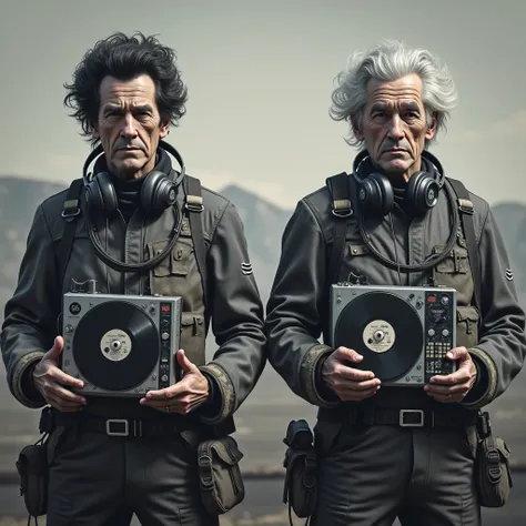 A cinematic shot of a dark fantasy scene with a minimalist background. In the foreground, two very different elderly male twins with dark, wavy hair and a strong, lean, and athletic build. The twins wear two different combinations of black and grey tactica...