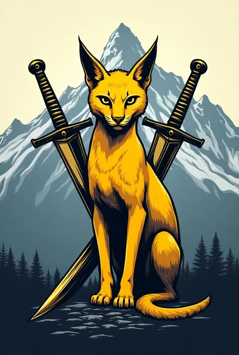 Yellow Caracal logo with swords behind and mountain 
