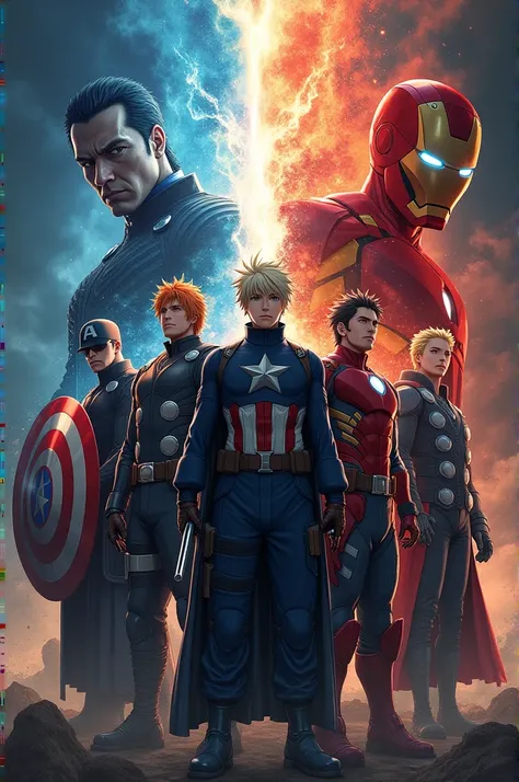 Generate a poster of an anime and marvel event where in the poster there are famous anime characters like sung jin woo, kakashi , gojo, bleach, zoro, muzan etc and marvel characters like captain america, ironman, thor etc. Both accurate characters need to ...