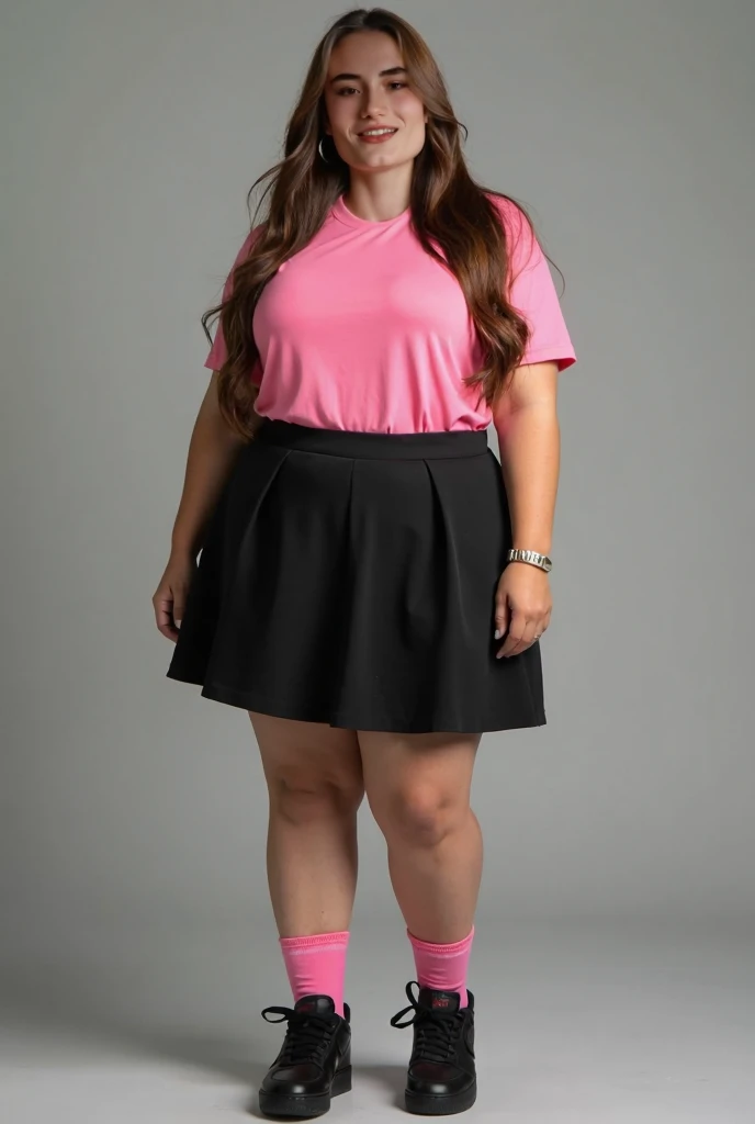 Obese woman with long hair , brown and straight ; wearing pink t-shirt , black skirt (type schoolgirl ), pink socks and Nike Air Force 1 black shoes