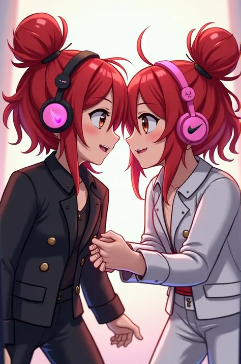 Two red-haired Roblox , with pink headset, brown eyes,  characters with a bun in the middle ,  one wearing black clothes and the other wearing white clothes