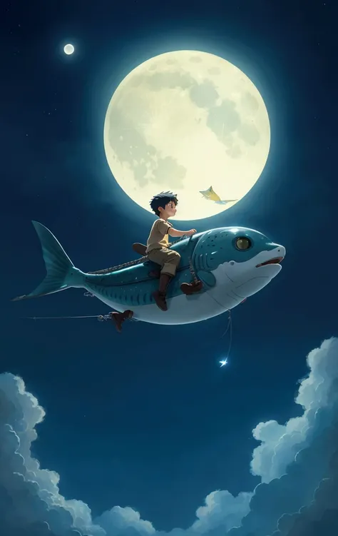 a boy riding a flying fish in the sky with a big moon in the background at night, like Ghibli Studios, 4k, animated movie cover