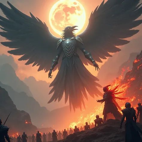 Battle of gods in the sky, one is a colossal black humanoid Crow God donned in glowing white armor trimmed in gold, his eyes glow white, the other side is the Devil with red charred skin donned in black fiery armor, battling in the clouds, colorful mountai...