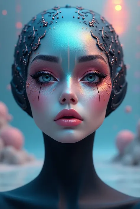 Create a feminine alien makeup, with strong makeup that covers the entire face