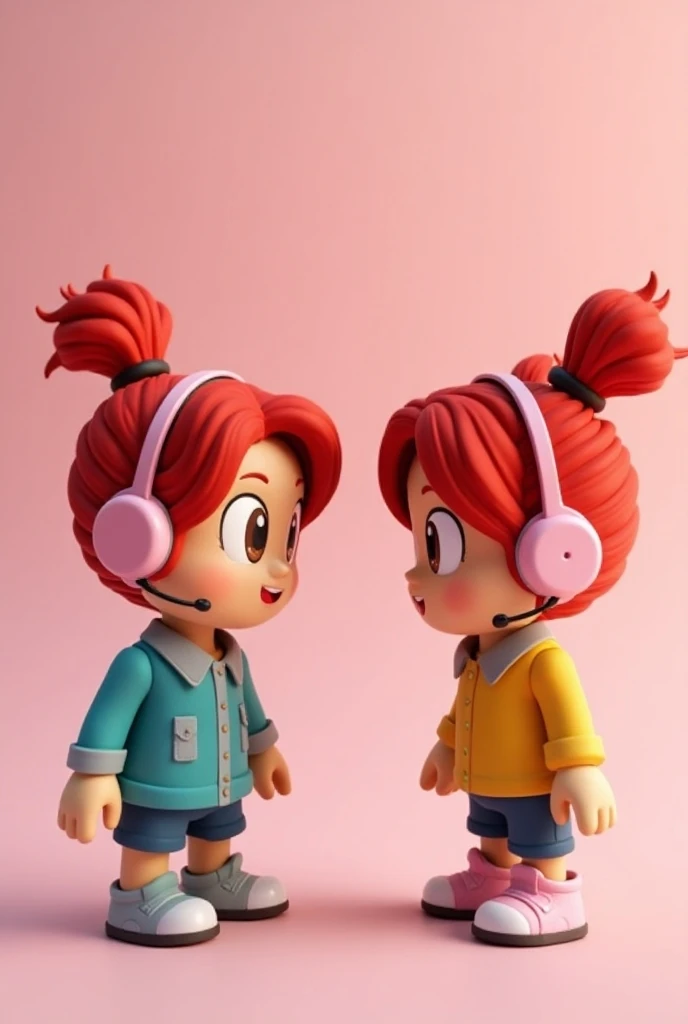 Two red-haired Roblox , with pink headset, brown eyes,  characters with a bun in the middle 