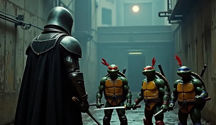 The scene is shot from behind Shredders upper body, with the camera focusing on the turtles standing shoulder to shoulder, ready for their final coordinated strike. Shredders back is in the foreground, his sharp metallic armor glinting slightly in the dark...