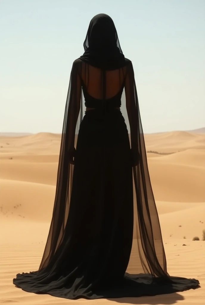 View from behind, a woman in a black dress and a black cape standing in the desert, by Hedi Xandt, inspired by Hedi Xandt, beautiful arab woman, arabian beauty, with a long see-through cape, gorgeous woman, large boobs, thick booty, , in a desert, in deser...