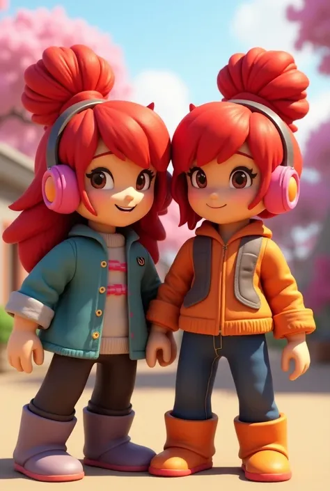 Two red-haired Roblox , with pink headset, brown eyes,  characters with a bun in the middle , large size