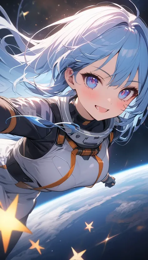  best quality, detailed, 4K, RAW Photos, masterpiece, detailed face,, star, 惑star, galaxy, space,, a photo of アニセマー flying in space, Blue Hair, bangs, Long Hair,  viewers, 