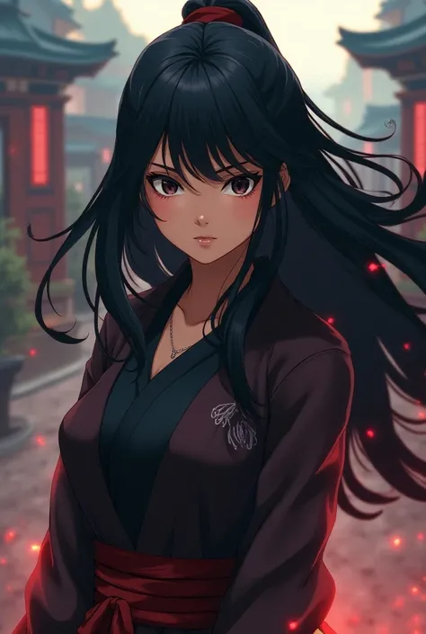  family create a Naruto anime-style image of a 22-year-old girl,  long black hair curled at the tips , slanted eyes and dark ,  light brown skin where she is part of the Uchiha 