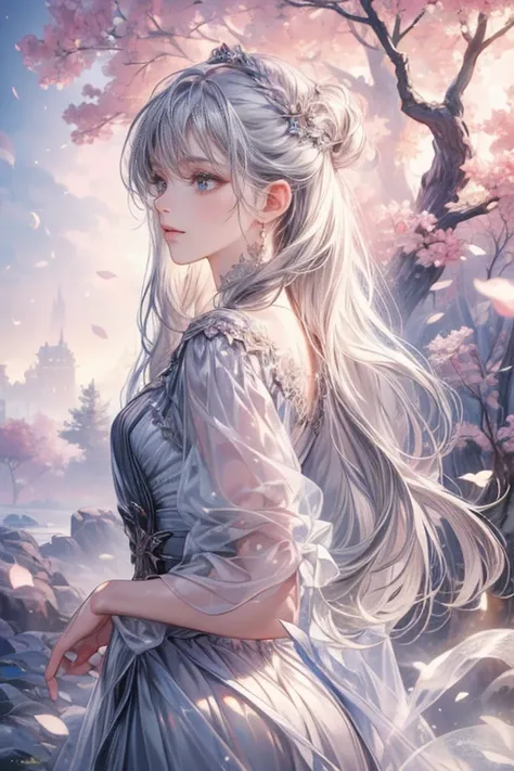 (best quality:1.4,masterpiece:1.4),8k,ultra-detailed,CG,exquisite,bust-up,1girl,silver hair,grey eyes,flat face,silver long dress,magical background,side view,sakura background,solo,long hair,high resolution