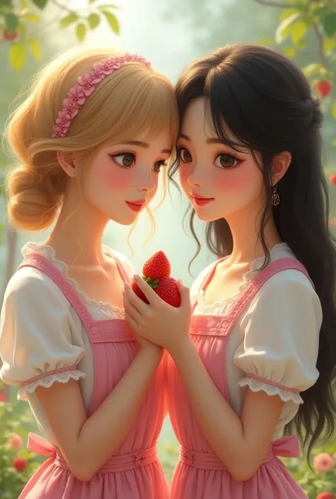 Beautiful girls, one with white skin with blond hair with apron, pink details with strawberry in her hand, and another beautiful girl with darker skin, with black hair with pink aprons holding a strawberry in her hand. 