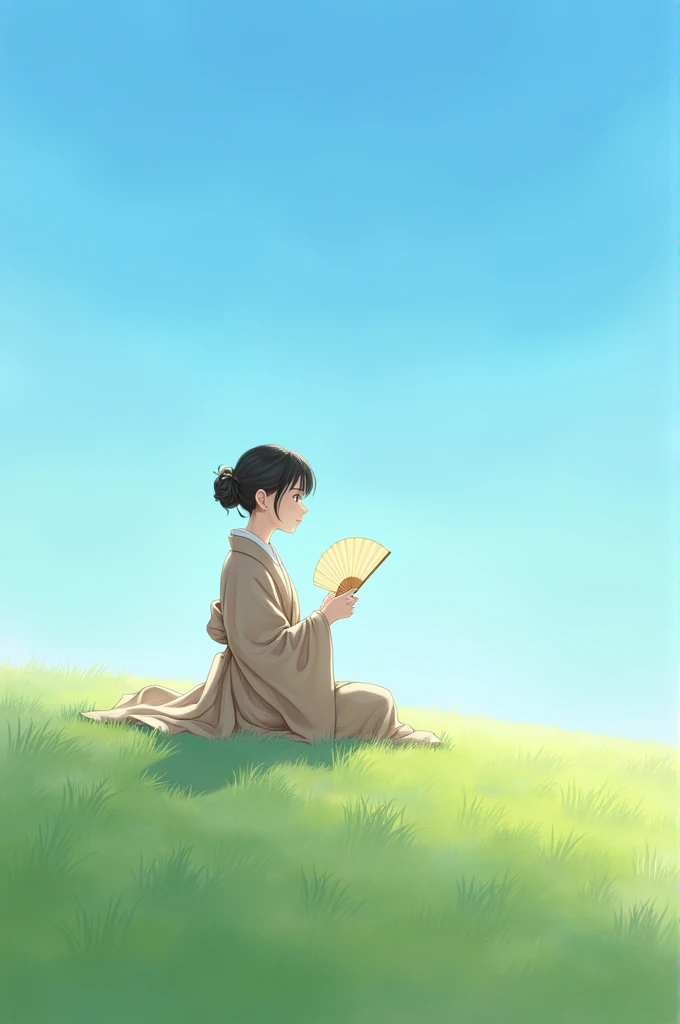 Japanese woman on a green lawn with cloudless sky 
