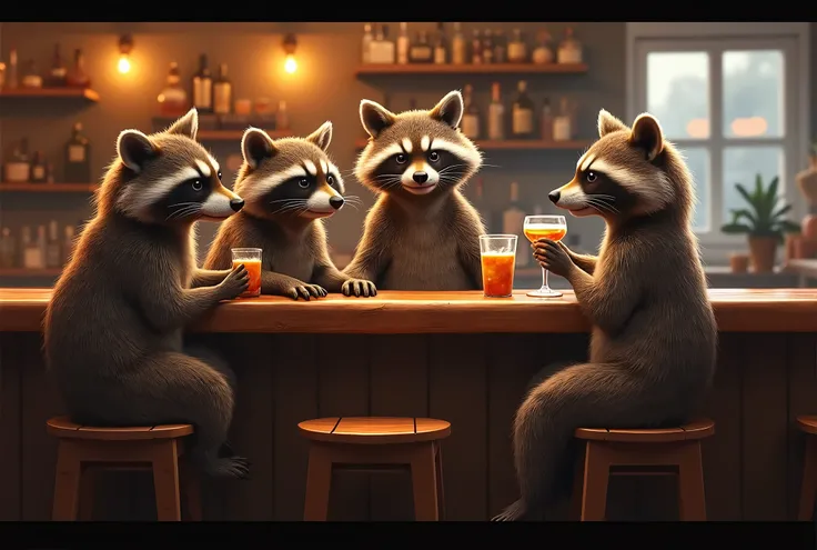 A hyper-realistic photo of a raccoon dog bartender welcoming and chatting with raccoon dog customers at a cozy bar. The bartender is standing behind the wooden counter, serving drinks with a friendly expression. The raccoon dog customers are sitting on sto...