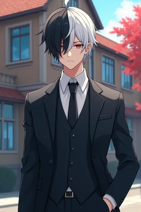 An anime boy with half of his hair in black colored and the rest is white wearing a suit in front of a school building 