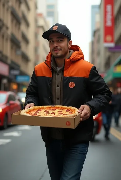 pizza deliveryman
Black and orange jacket 