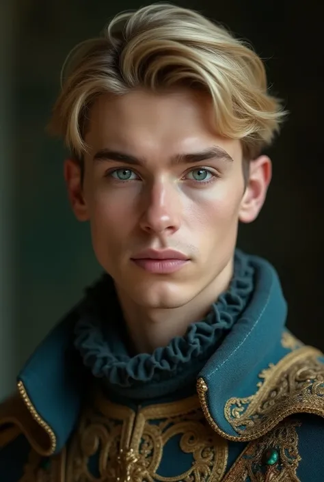 A very handsome 19 years old prince with blond hair , blond lahes, blond brows,big eyes ,strong beautiful jaw line , wearing a fancy royal regalia,he as a mole under his eye, his left eye is green and his right eye is blue , his hair is princely styled, he...