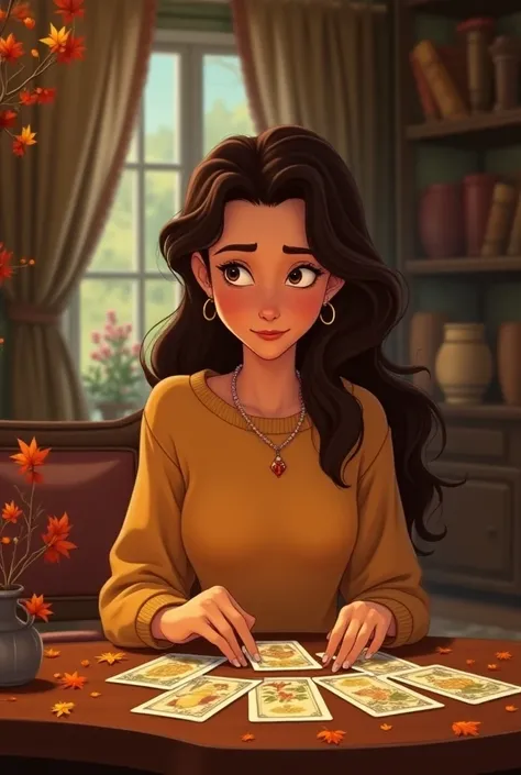 Une image de profil en style cartoon disney avec jeune femme caucasienne brune cheveux bouclés qui tire le tarot chez elle avec une décoration automnal