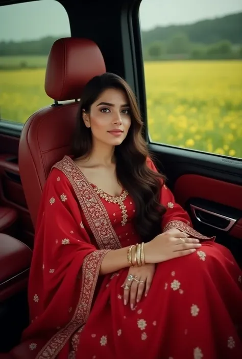 Beautiful punjabi girl in sitting Real Black Mercedes G wagon red coloured interior , background location punjab farms link road, 4k hd detailed pic, realistic pic