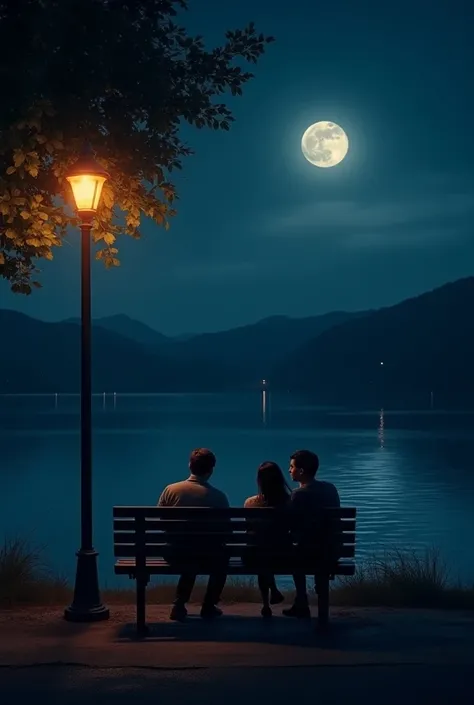 Two couples sitting on a bench (the bench is under street light) next to a lake  with a beautiful night sky the moon with delightful light the sky was so dark and bright. The image is looking from front side
