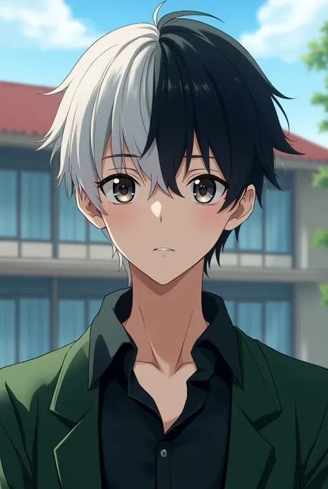 A handsome  anime boy with half of his hair in black colored and the rest is white wearing a black and green  shirt and a cap in front of a school building 