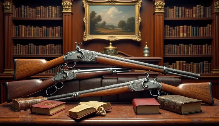 Post-1900 pistols and rifles surrounded by antique books and paintings in a sumptuous wooden room