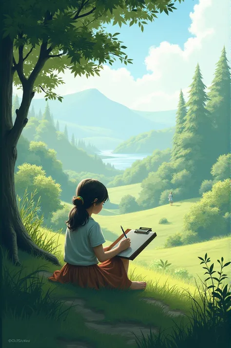 A landscape with a person drawing pictures 
