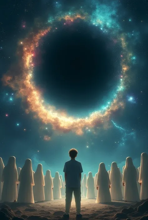 

"Draw a picture of a young man standing in space, with a small black hole hovering in front of him. Inside the black hole, there are countless different worlds, each appearing as blurry, colorful, and magical images. Next to the young man, there is an ar...