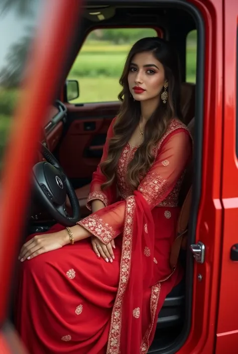 Beautiful punjabi girl in sitting Real Black pic form outside Mercedes G wagon red coloured interior , background location punjab farms link road, 4k hd detailed pic, realistic pic