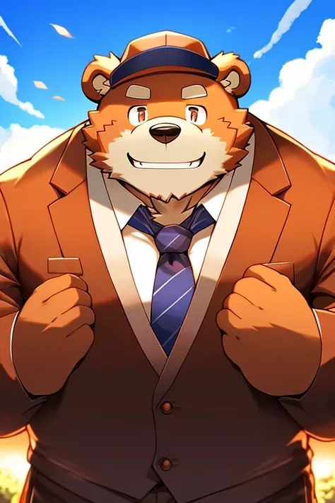 masterpiece、dog、Beastman、Muscular、Japanese school uniform、strong、Student hat、suit、Big body、View from the front、 teddy bear with both hands、smile、Hold the white and orange colored 、 dynamic 、 is cool