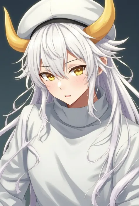 Anime character Jibi, a man wearing a white beret with white hair, wearing a white turtleneck, with yellow bull horns, golden eyes, shaking hair.