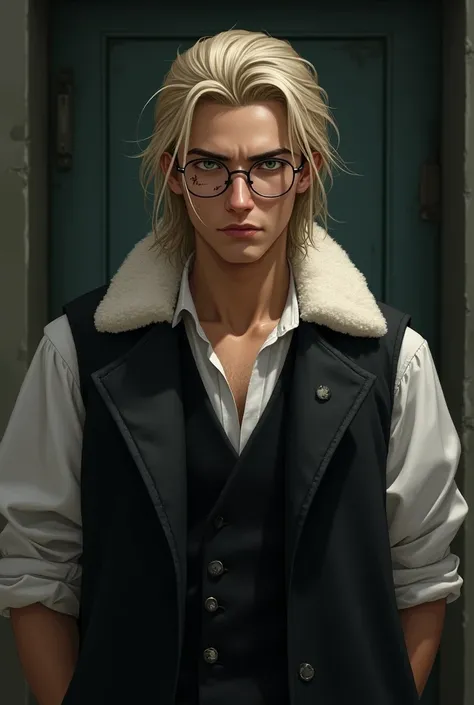 A man in his 20s with long light blond hair tied back,  but with some locks escaping the tie ,  greenish but almost white eyes , scar crossing the right eye vertically, rounded glasses , strong door,  thick black cover with white fur around the collar,  bl...