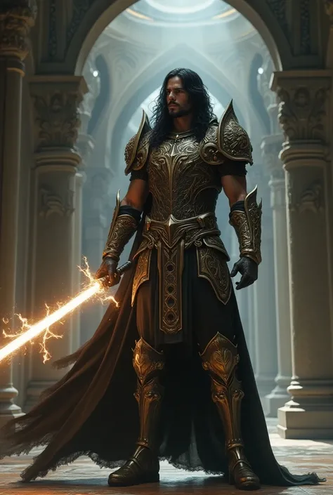 ( ,4K,8k,   high resolution   ,masterpiece:1.2),super detailed,  full body, man,  street long black hair  ,   holding a whip emanating from light , , defined body, runic knight armor sacred armor, Gideon  . In a medieval temple
