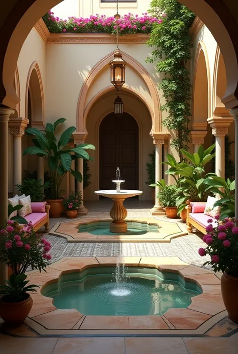 Arabian Spanish style home interior with flowers and fountain 